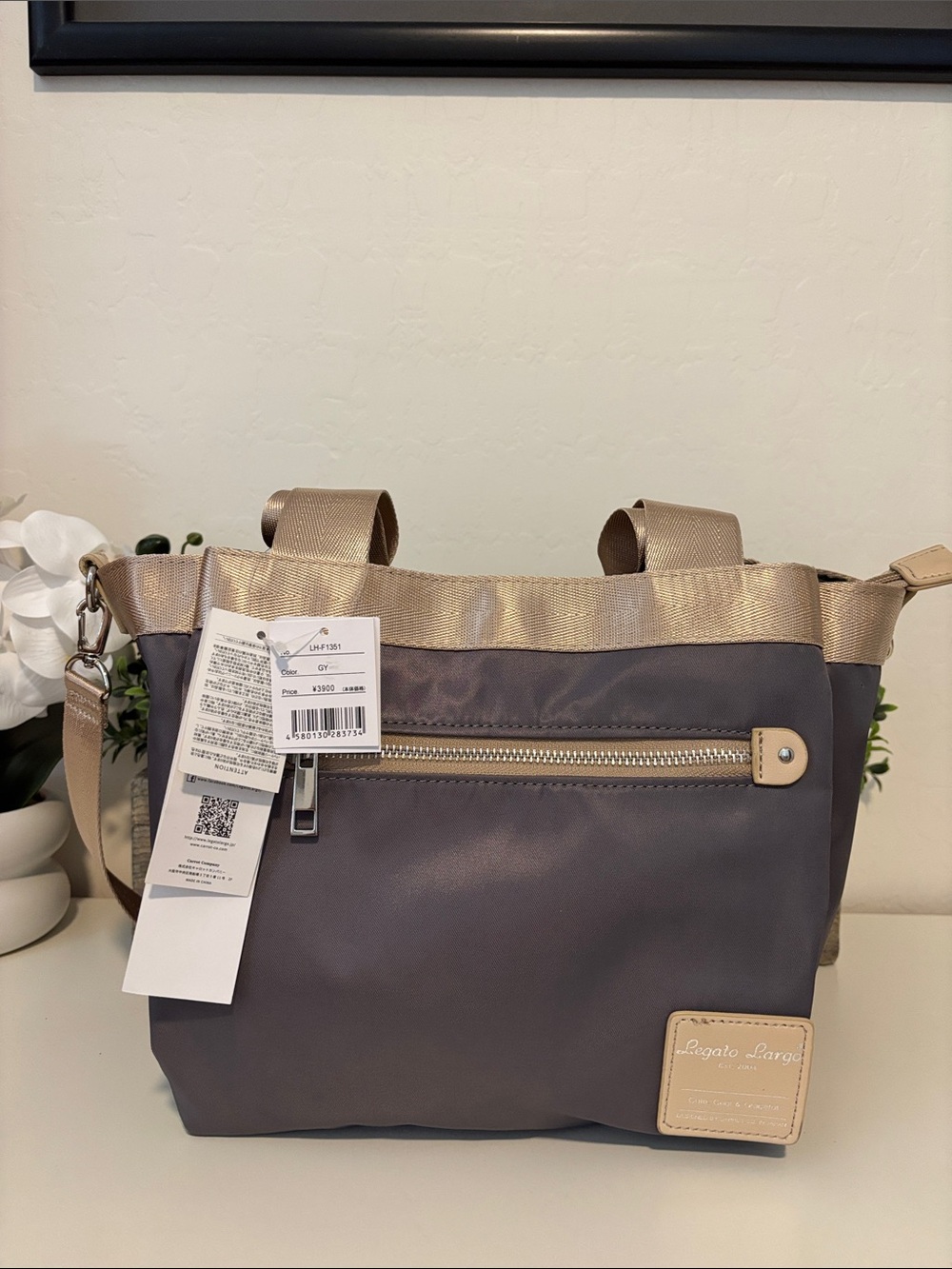 Legato Largo Lightweight Taupe Nylon Tote with Gold Trim - Women's Bag